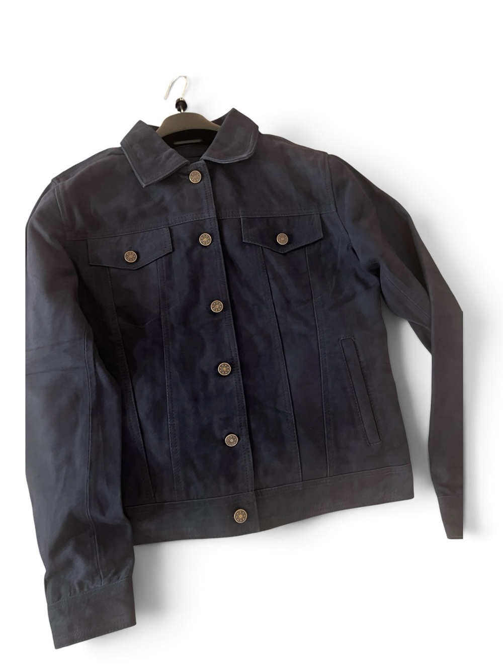 Women’s Navy 100% genuine Suede leather ,very trendy Button-Front Jacket.(New)